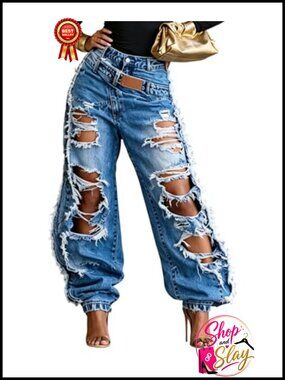 Voghtic Women's Ripped Baggy Wide Leg High Waisted Frayed Destroyed Jeans